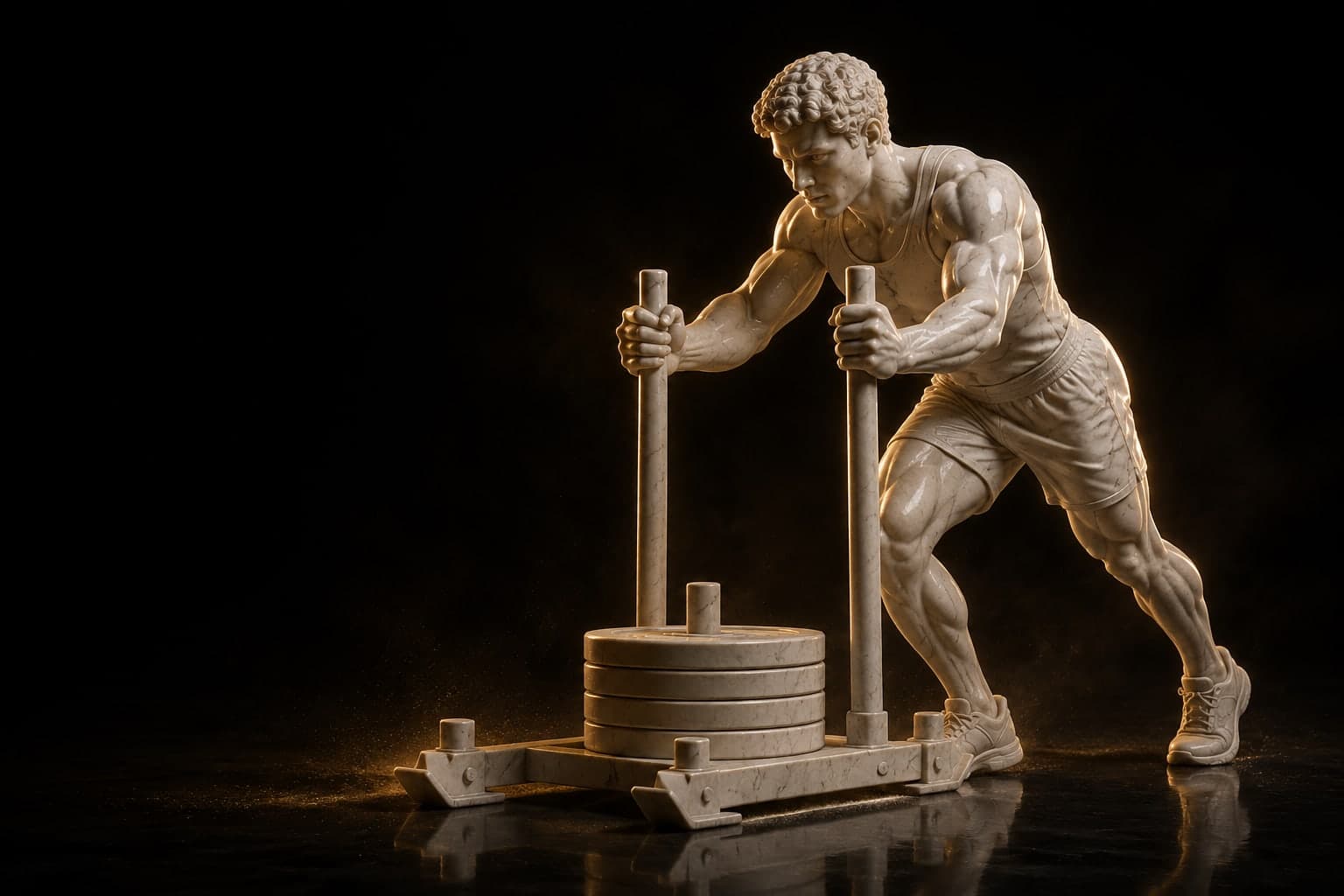 Escultura de mármore de um atleta com roupa esportiva empurrando um sled, iluminada em dourado